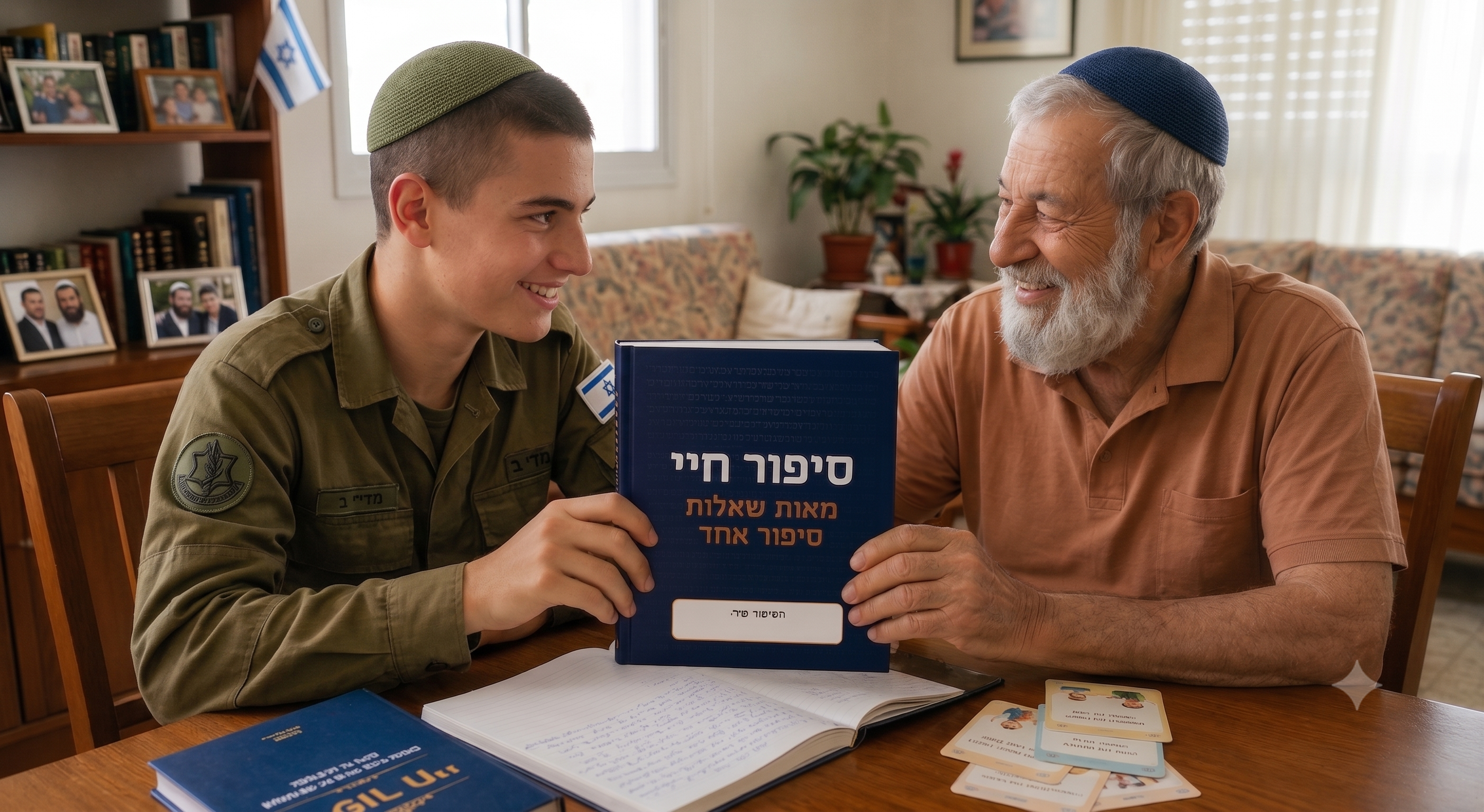 נער וסבא מחייכים ומחזיקים יחד את ספר סיפור חיי