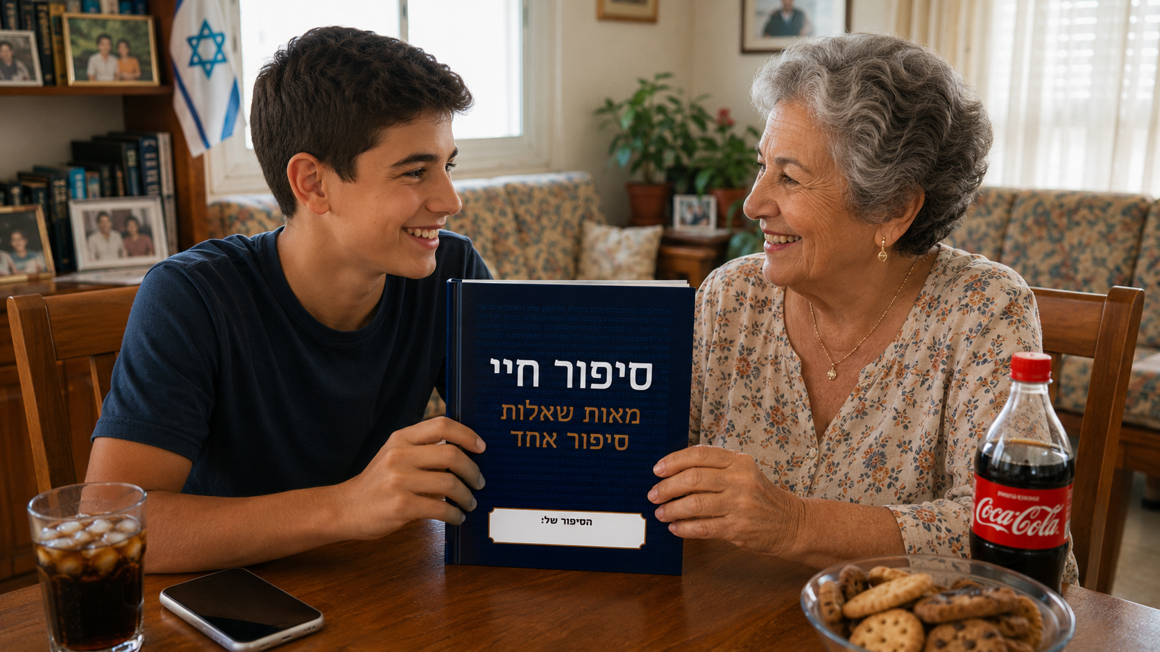 נער וסבתא יושבים יחד עם ספר סיפור חיי