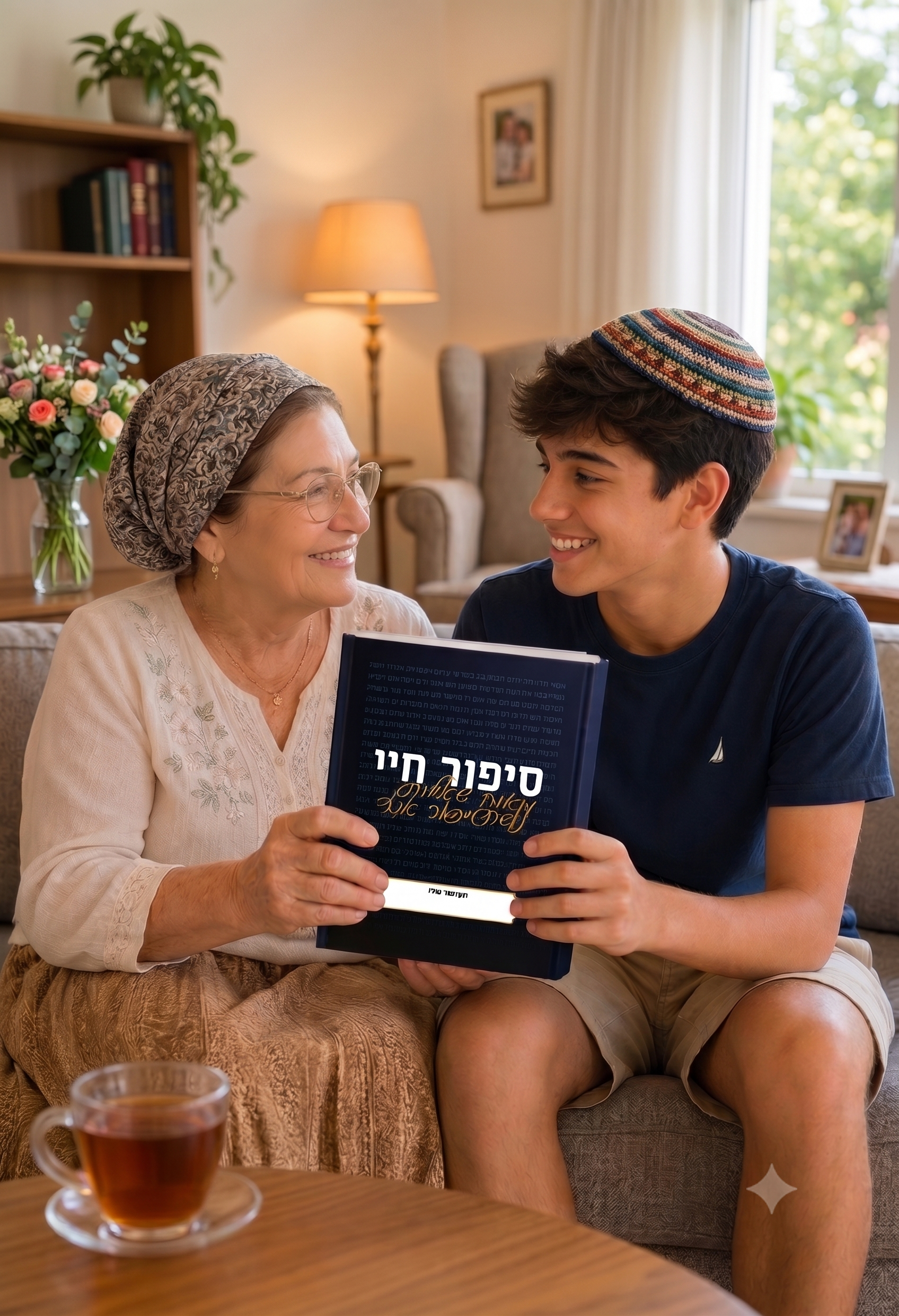 נער וסבתא יושבים יחד ומחזיקים את ספר סיפור חיי
